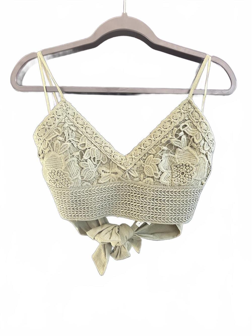 Boho Chic Coachella Summer Olive Green Floral Lace Tie-Back Crop Top Bralette